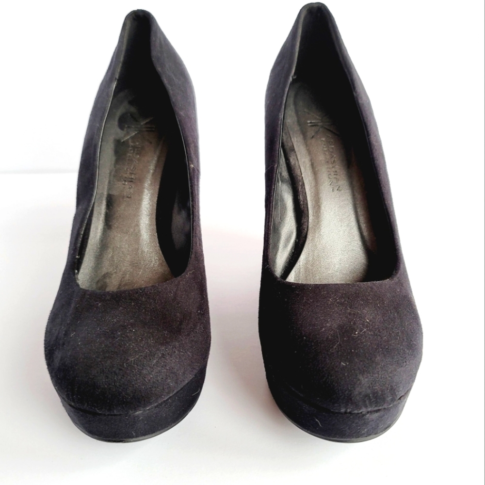 Kardashian Kollection Faux Suede Round Toe Slip On Wedge Pump, Black, Size 10